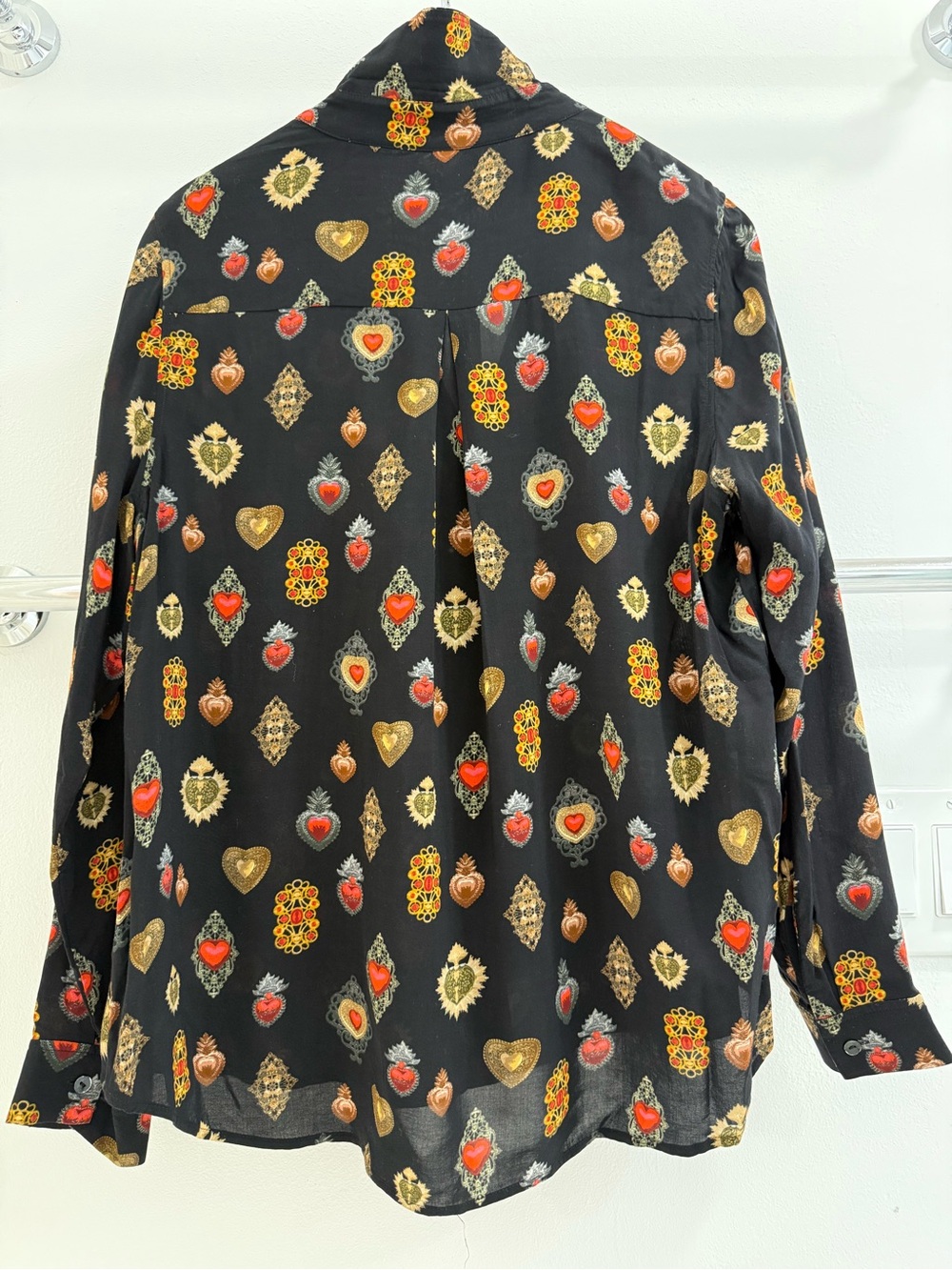 L'AGENCE Black Button-Down Shirt with Red & Gold Heart Medallions